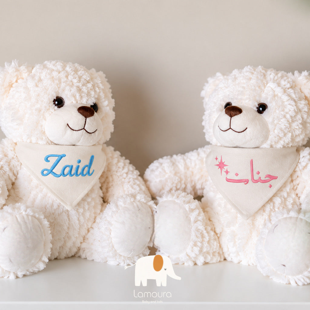 Teddy bear with custom writing دب مع صدرية بتطريز حسب الرغبة